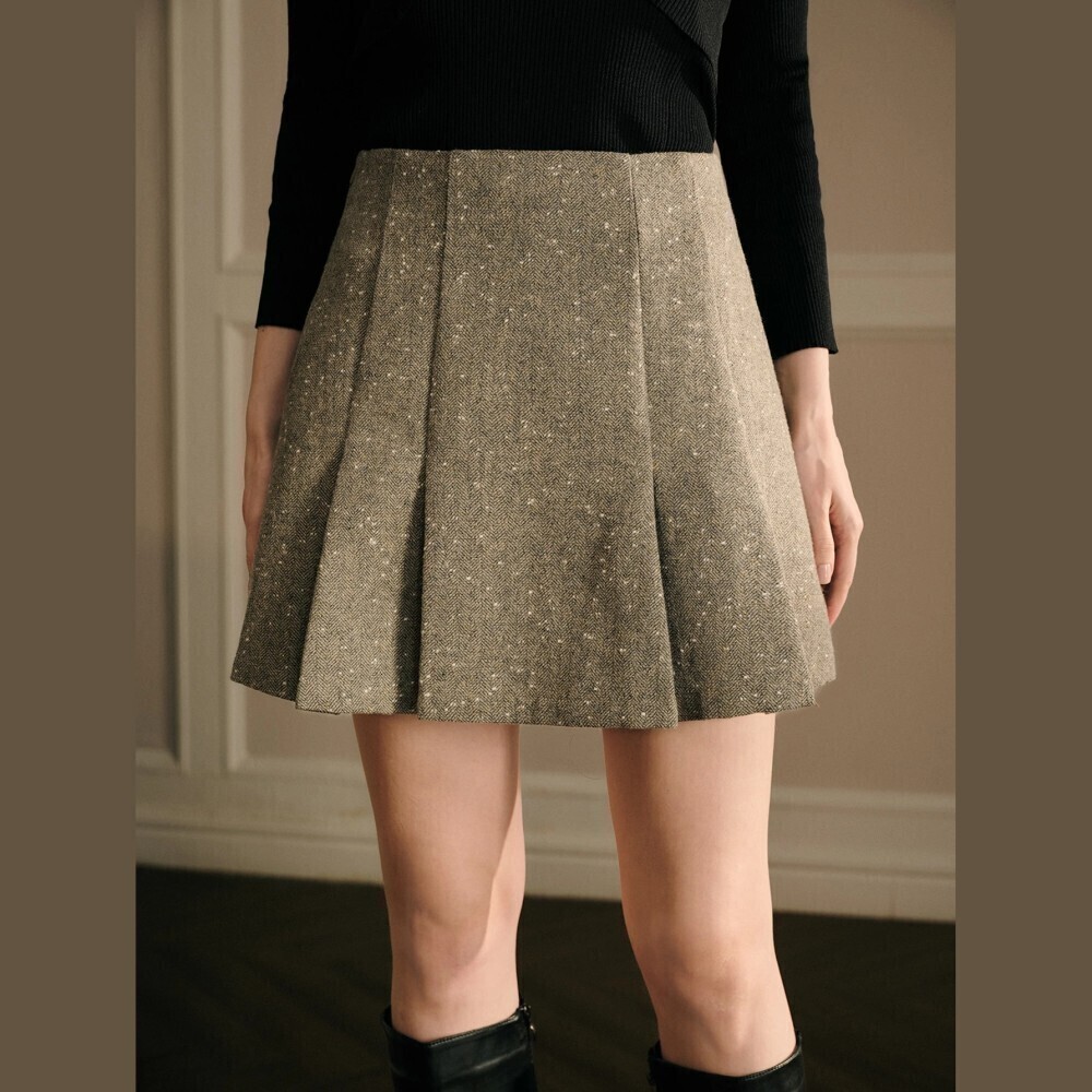 Tan Herringbone Tweed Pleated High Waist A-Line Mini Skirt